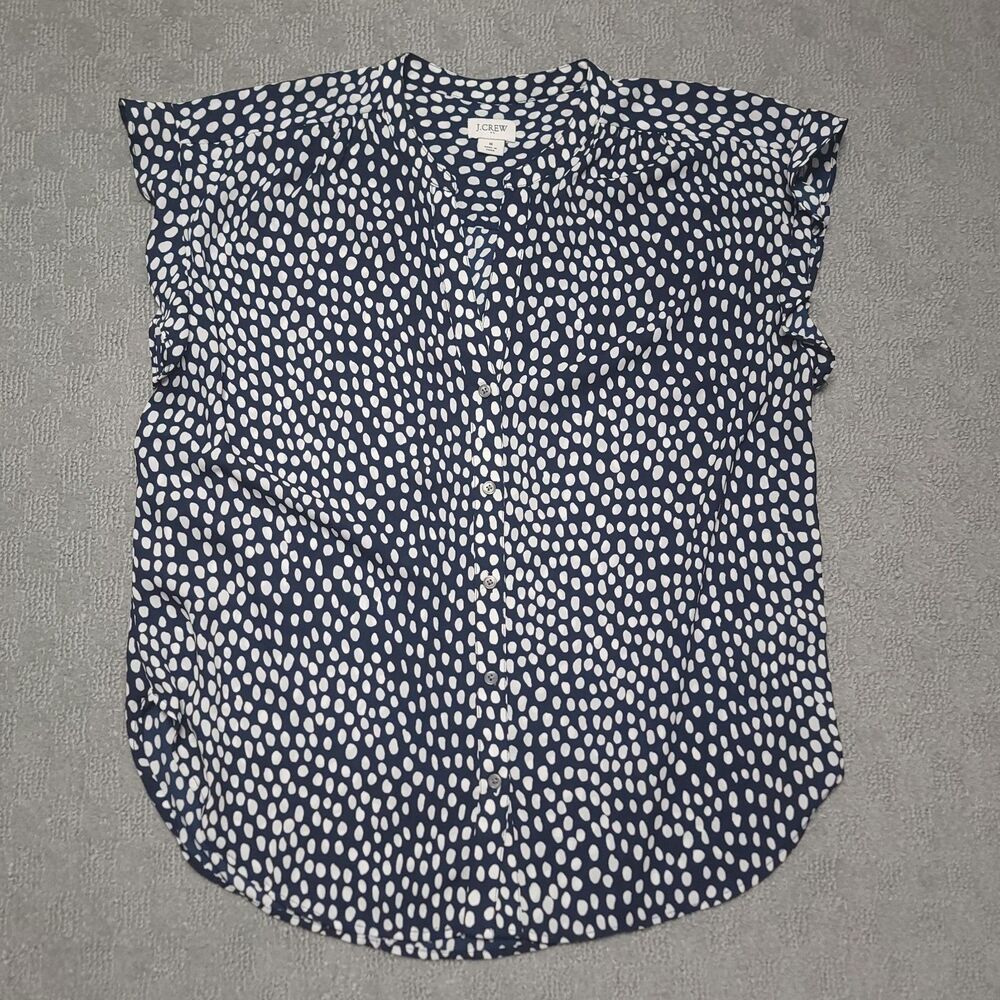 J Crew Button Up Camp Shirt Size M Blue White Polka Dot Sleeveless Blouse - Picture 4 of 9